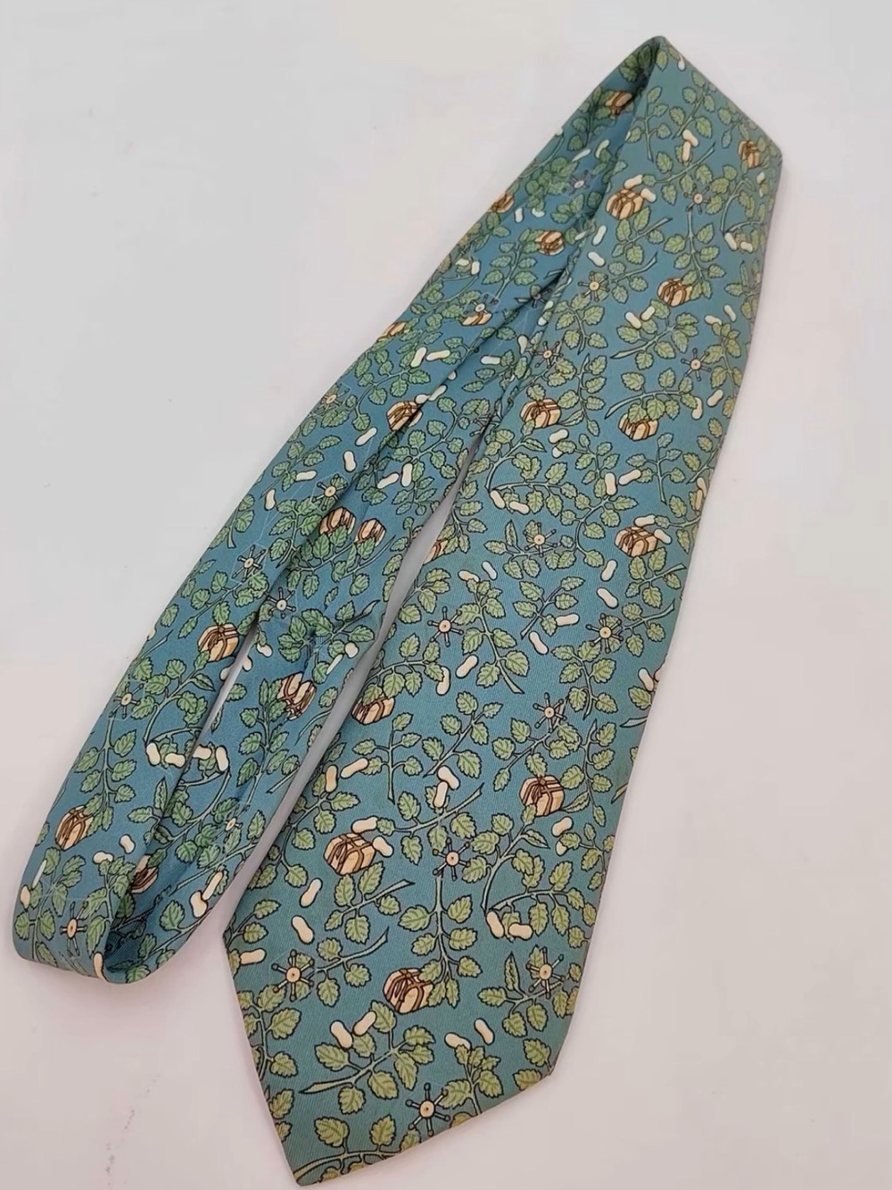 Hermes Blue Floral Silk Tie with Green and Brown Accents